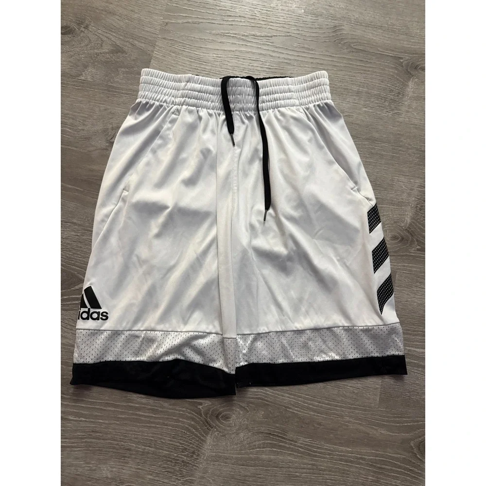 Adidas Kids White Black 3 Stripe Basketball Shorts Medium Athletic Drawstring‎